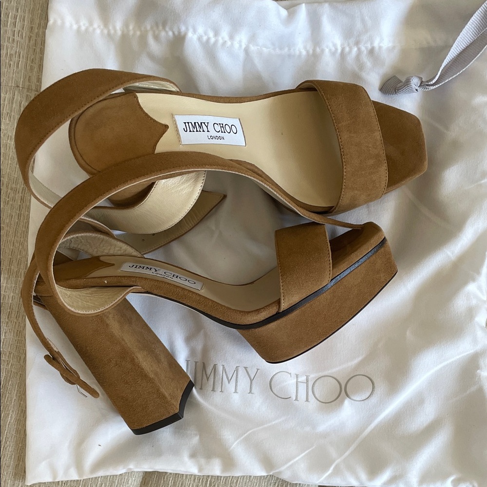 Jimmy Choo Camel Suede Platform Heels - Picture 4 of 4